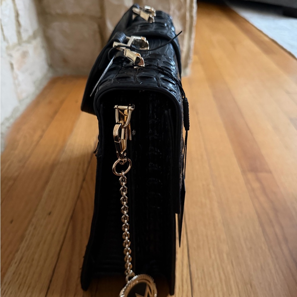 Black Croc-Embossed Structured Top-Handle Bag with Wallet - Picture 3 of 13
